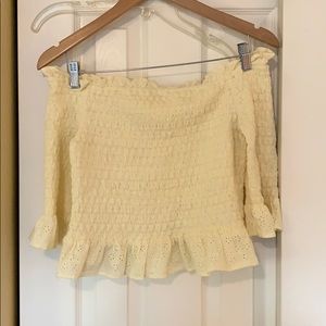 Light yellow ruffle off the shoulder blouse!
